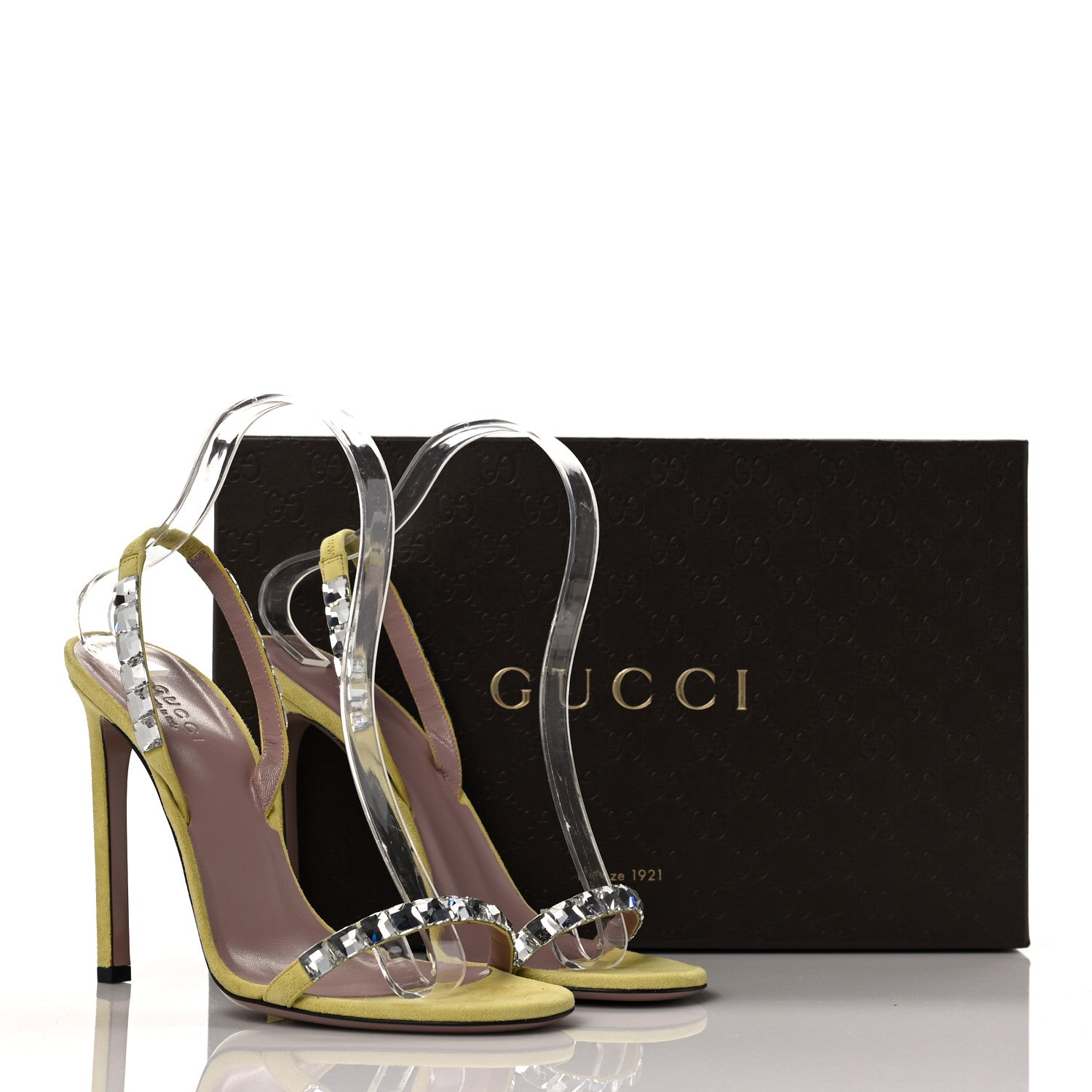 Gucci Crystal Kid Scamosciato Mallory Slingback Sandals 38.5 Transparent Mimosa Flower 10 of 10