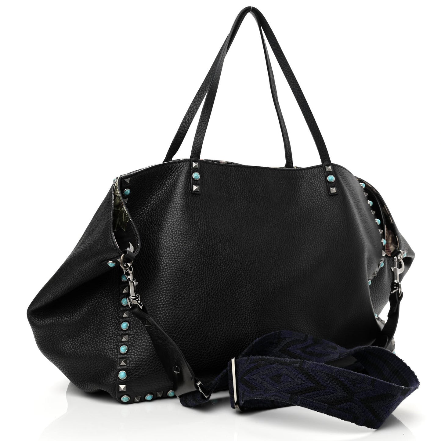 Stampa Alce Calfskin Large Tree of Life Rockstud Rolling Reversible Tote Black Multicolor