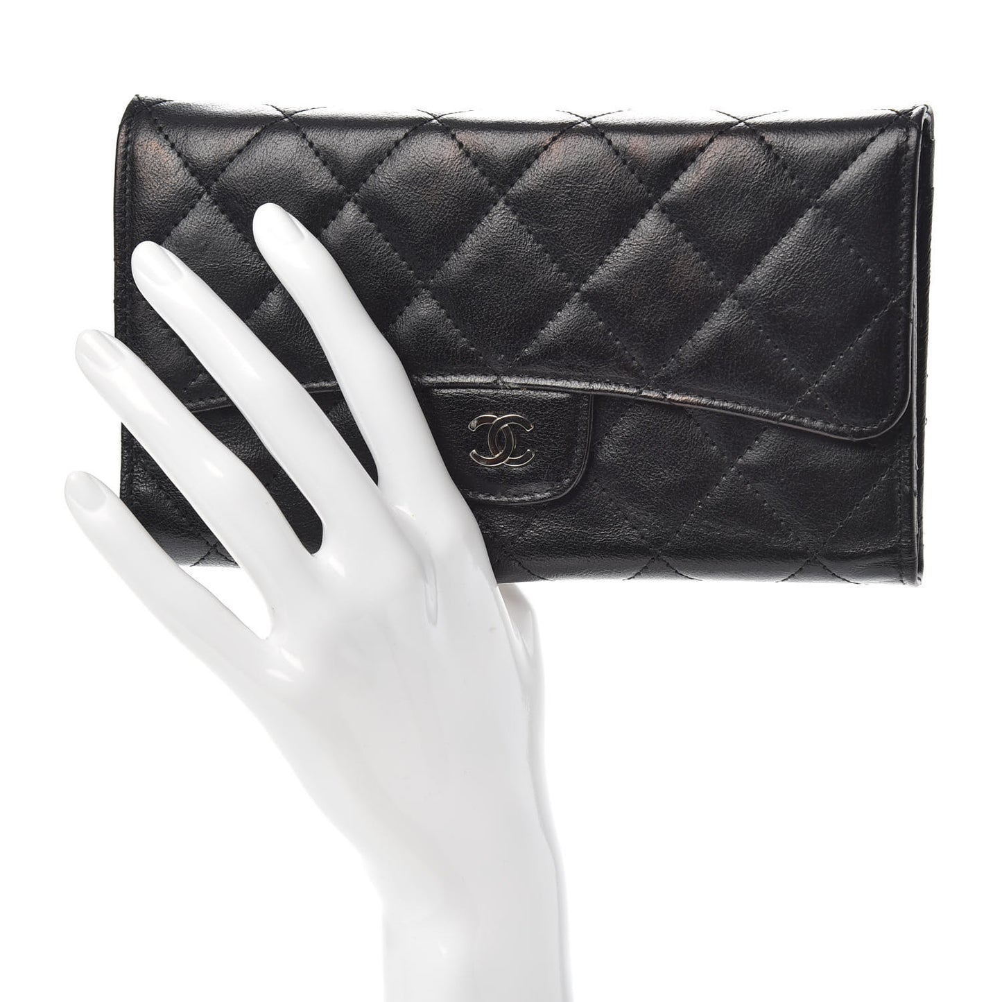 Calfskin Quilted Large Flap Wallet Black