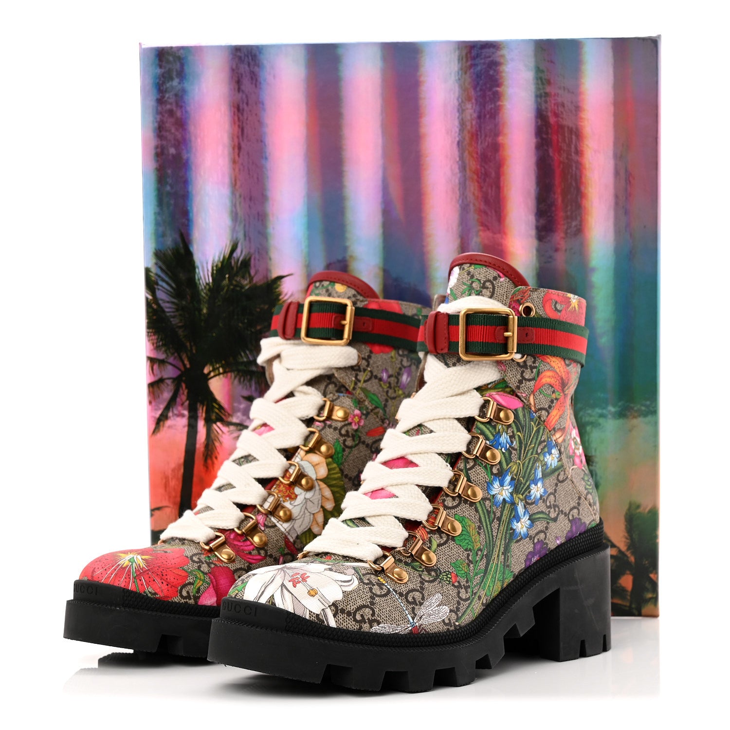 Gucci GG Supreme Monogram Flora Lace Up Combat Ankle Boots 37 Beige Multicolor Red 10 of 10