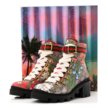 Gucci GG Supreme Monogram Flora Lace Up Combat Ankle Boots 37 Beige Multicolor Red 10 of 10