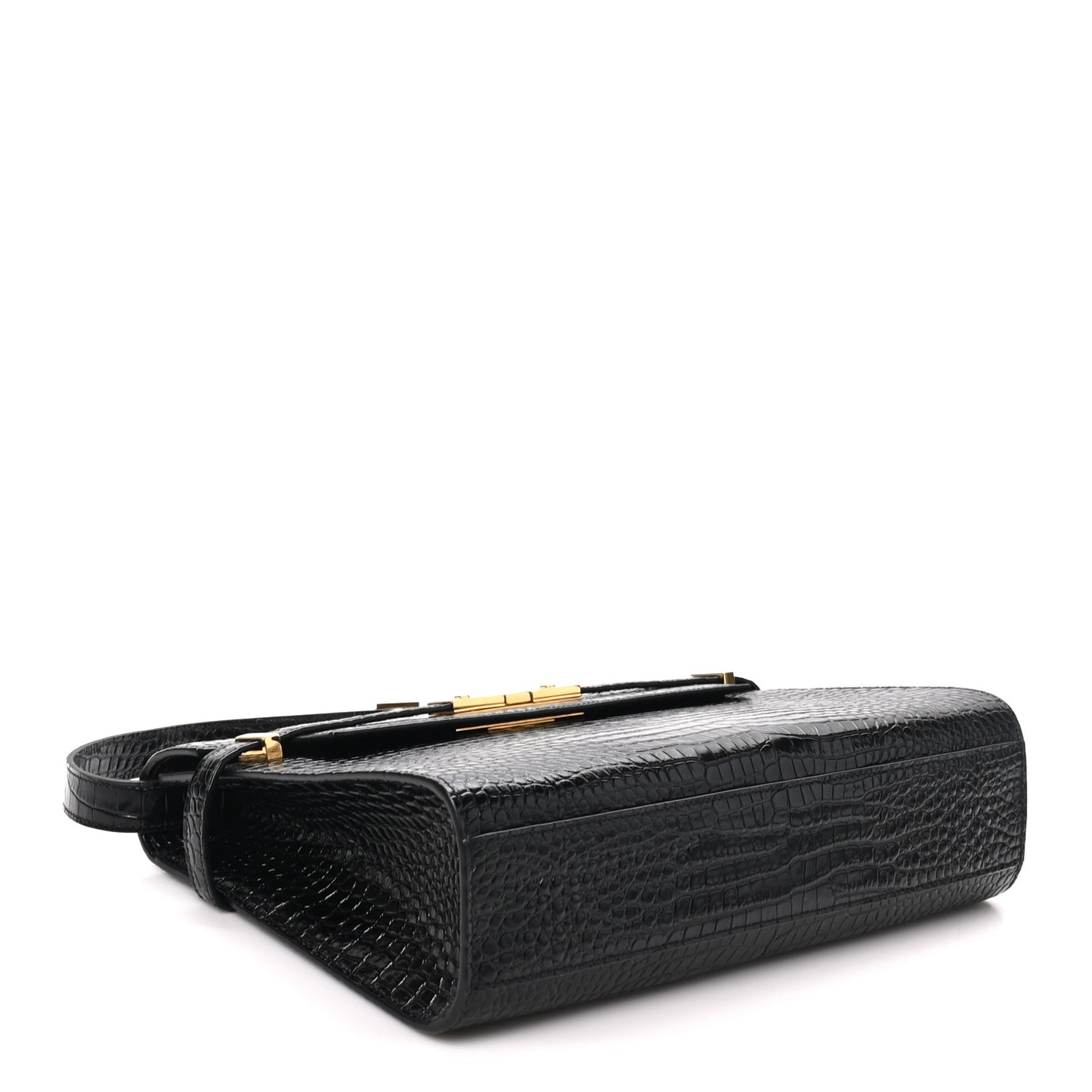 Shiny Calfskin Crocodile Embossed Manhattan Baguette Black