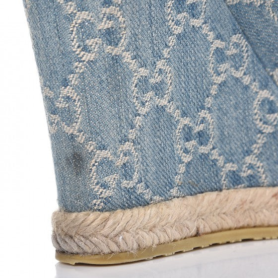 Denim Monogram Horsebit Open Toe Espadrille Wedges 39.5 Blue