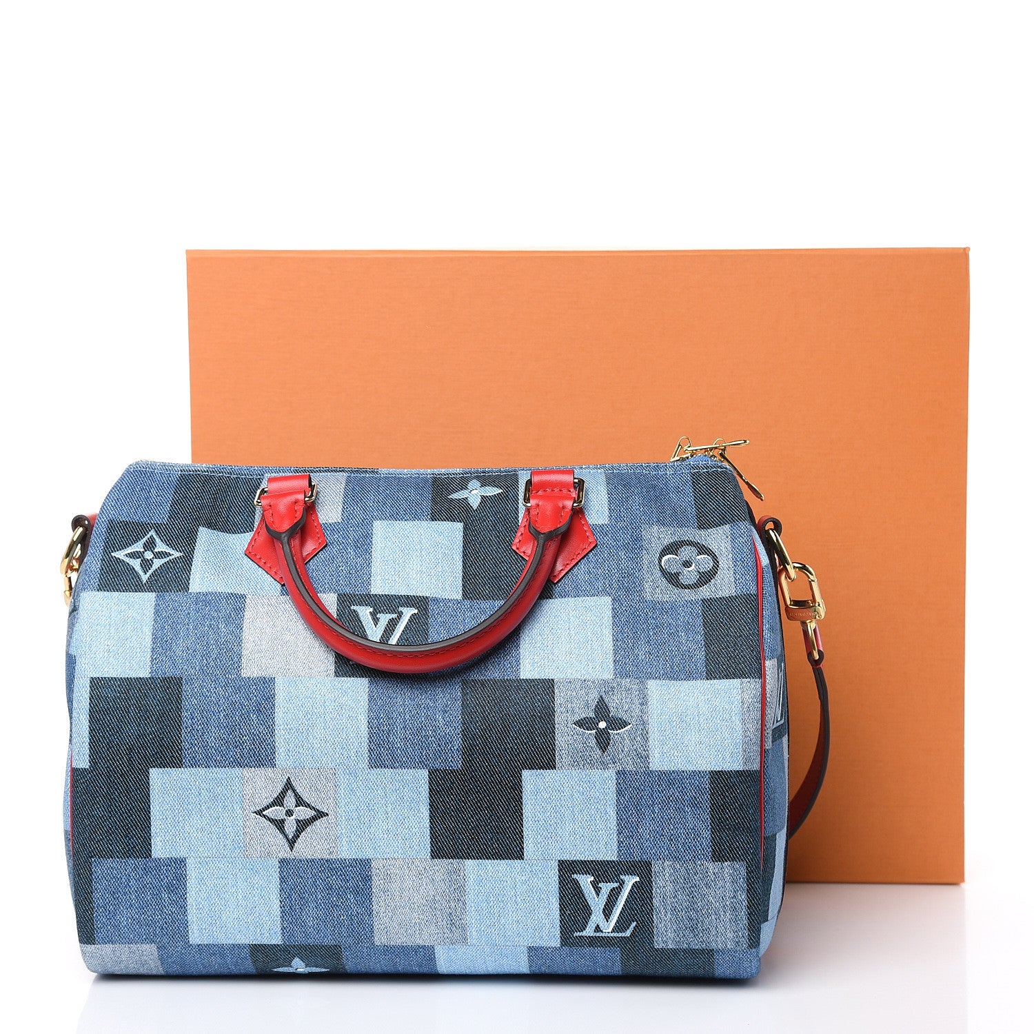 Louis Vuitton Denim Damier Monogram Patchwork Speedy Bandouliere 30 Blue Rouge 9 of 9