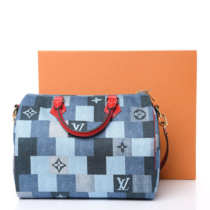 Louis Vuitton Denim Damier Monogram Patchwork Speedy Bandouliere 30 Blue Rouge 9 of 9