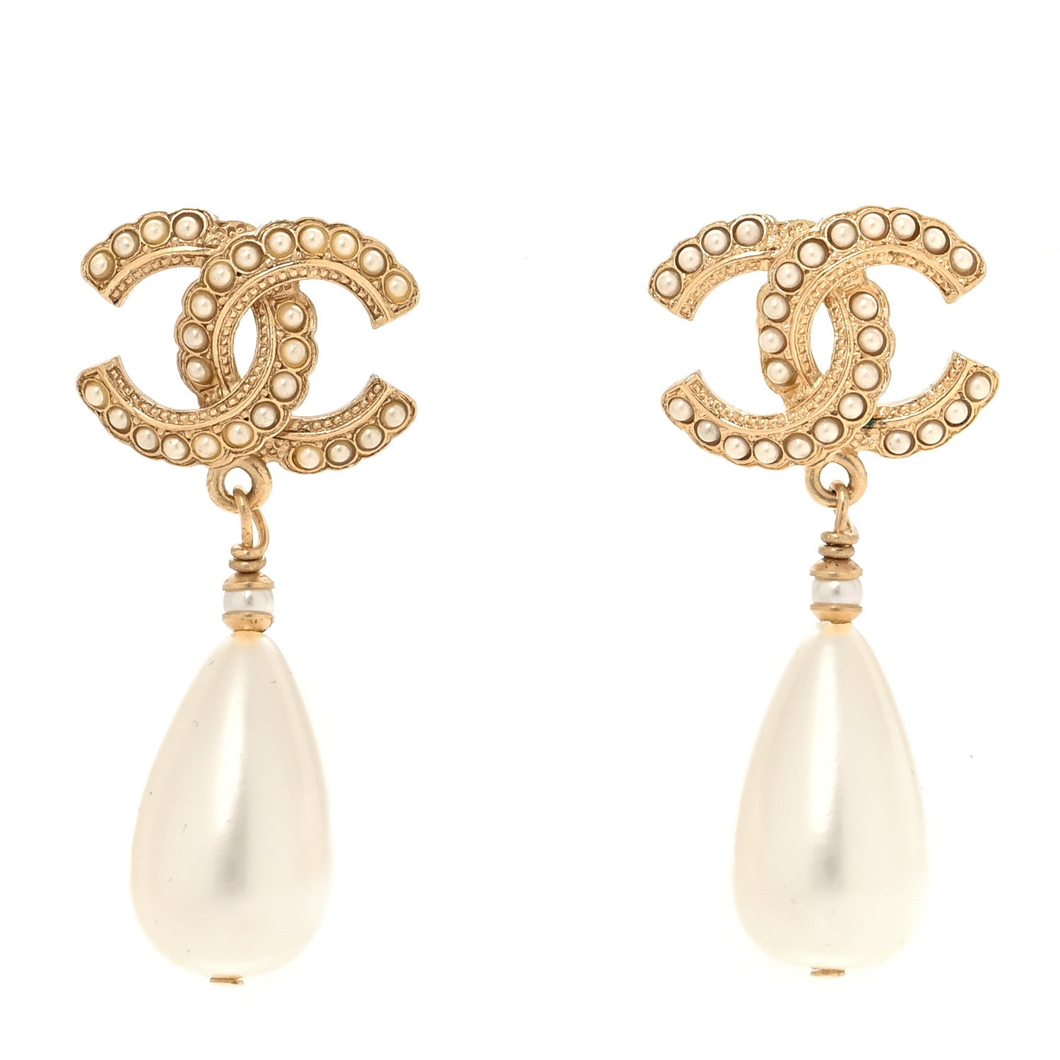 Chanel Pearl CC Drop Earrings Gold Pearly White 1 of 5