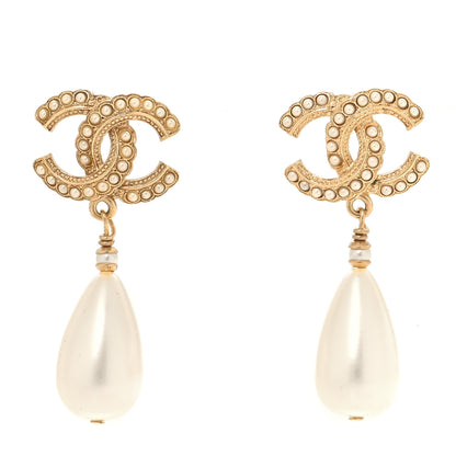 Chanel Pearl CC Drop Earrings Gold Pearly White 1 of 5
