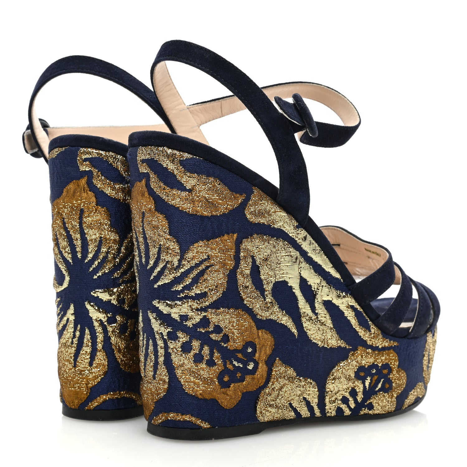 Prada Suede Brocade Wedge Sandals 40 Blue Gold 4 of 7