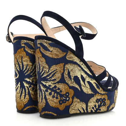 Prada Suede Brocade Wedge Sandals 40 Blue Gold 4 of 7