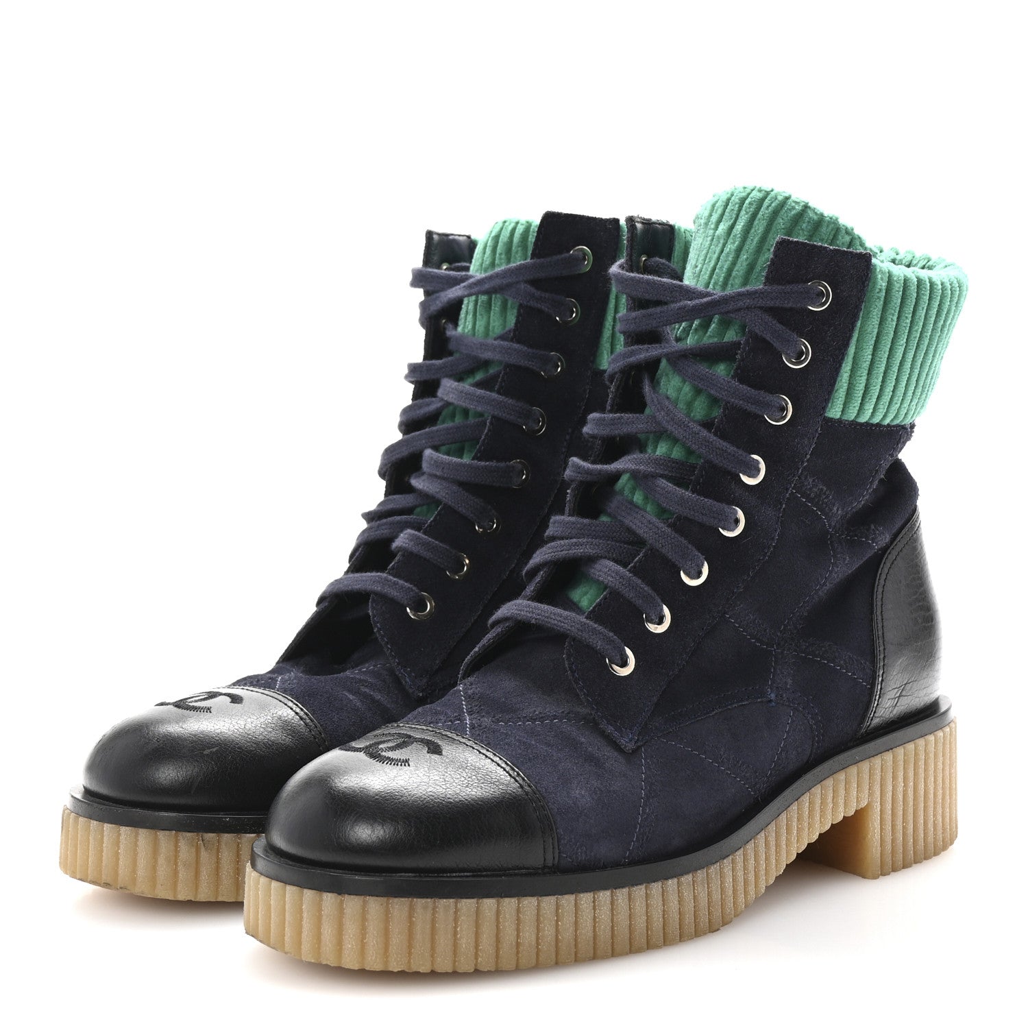 Chanel Suede Calfskin Velvet Quilted CC Combat Boots 38.5 Navy Green Black 4 of 10