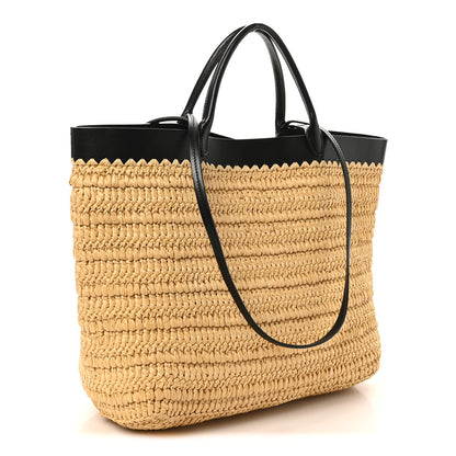 Prada Yarn Raffia Effect Calfskin Crochet Embroidered Logo Tote Tan Black Tan Black 3 of 9