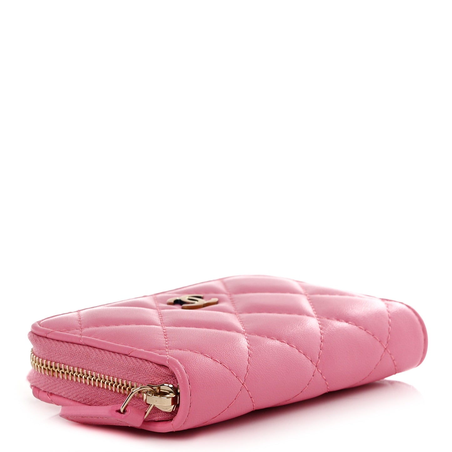 Lambskin Quilted Zip Around Coin Purse Wallet Pink Yellow