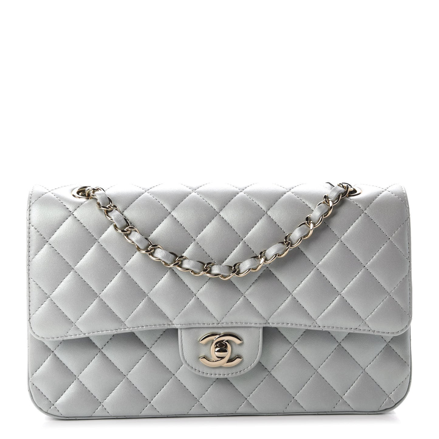 Iridescent Lambskin Quilted Medium Double Flap Light Blue