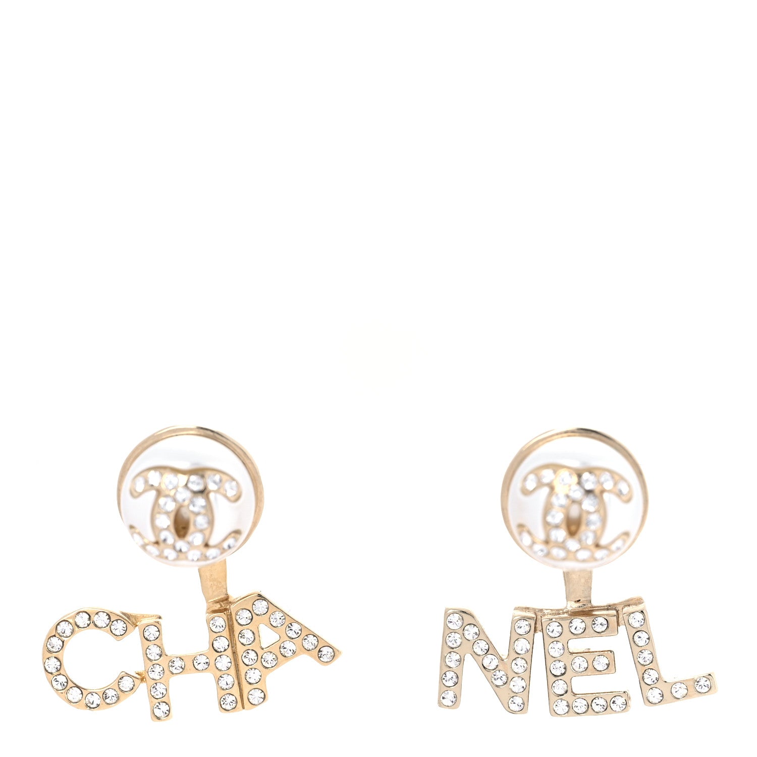 Chanel Pearl Crystal Logo Earrings Gold Pearly White 1 of 5