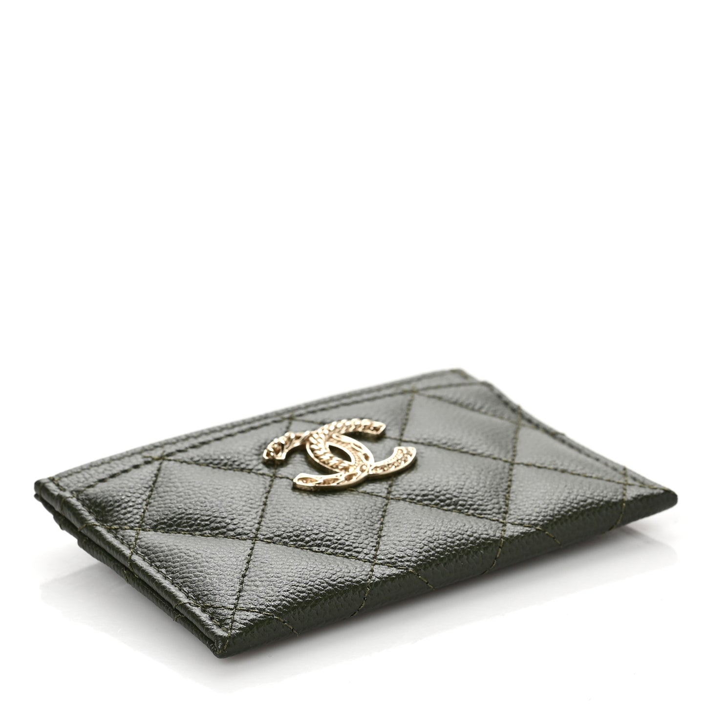Caviar Quilted Chain CC Card Holder Khaki