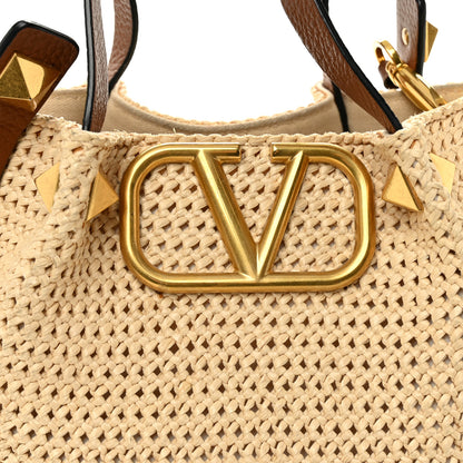 Valentino Garavani Raffia Grained Calfskin Small Rockstud Vlogo Tote Naturale 7 of 14