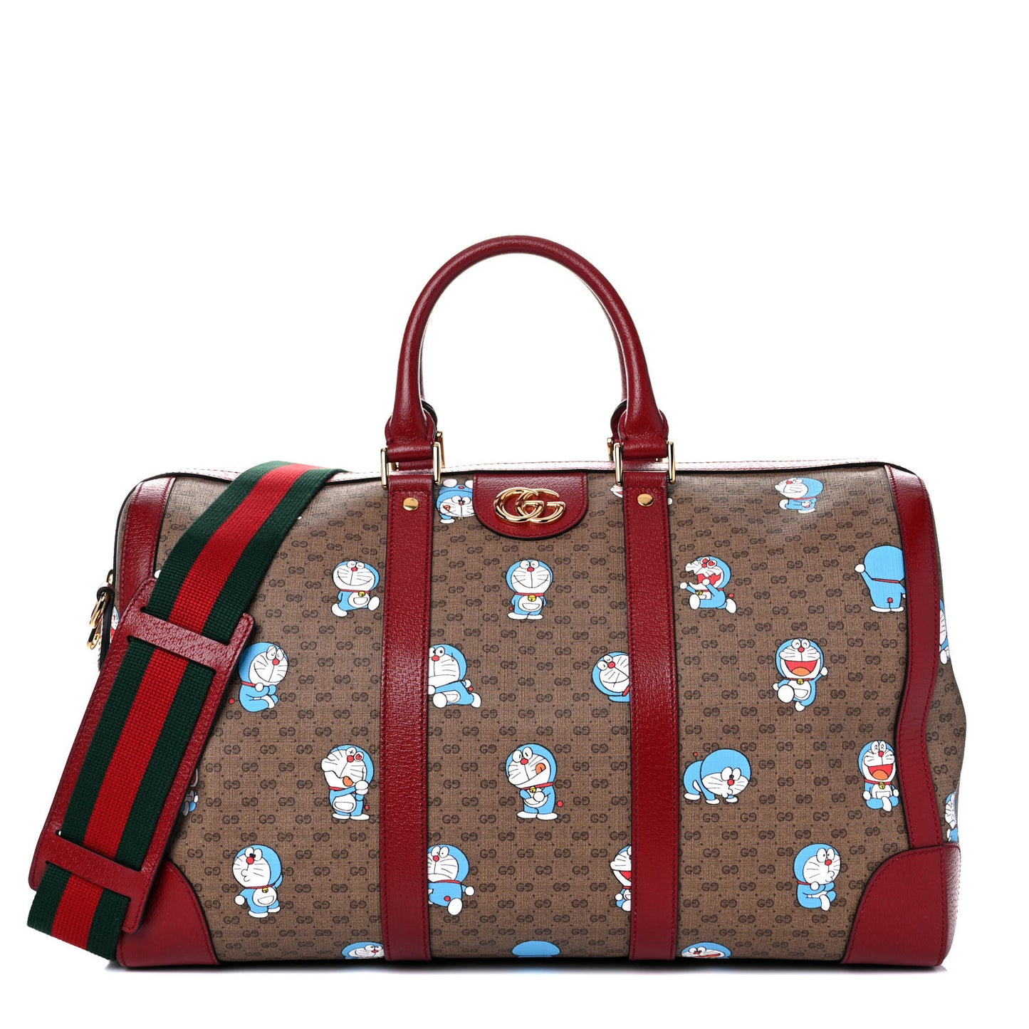 X DORAEMON Mini Vintage GG Supreme Monogram Web Duffle Travel Bag Beige Cherry Red