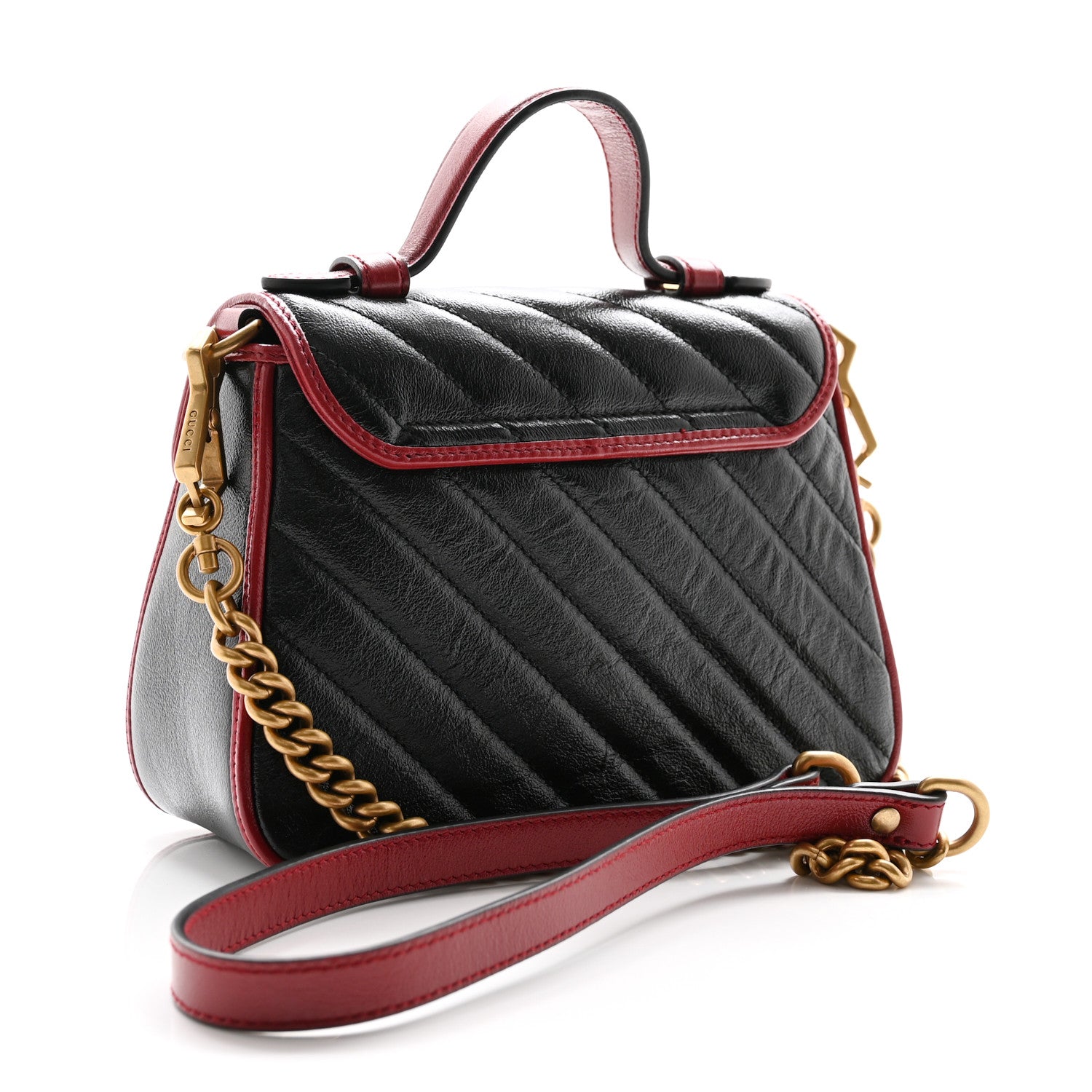 Gucci Vintage Effect Calfskin Matelasse Diagonal Mini Torchon GG Marmont Top Handle Shoulder Bag Black Romantic Cherry 3 of 10