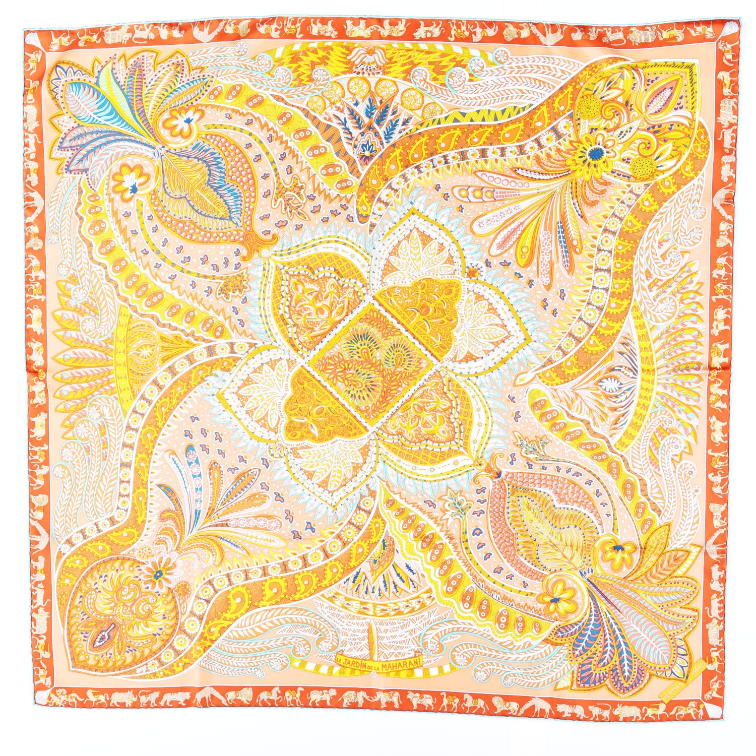 Hermes Silk Le Jardin De La Maharani Scarf 90 Saumon Orange Turquoise 1 of 4