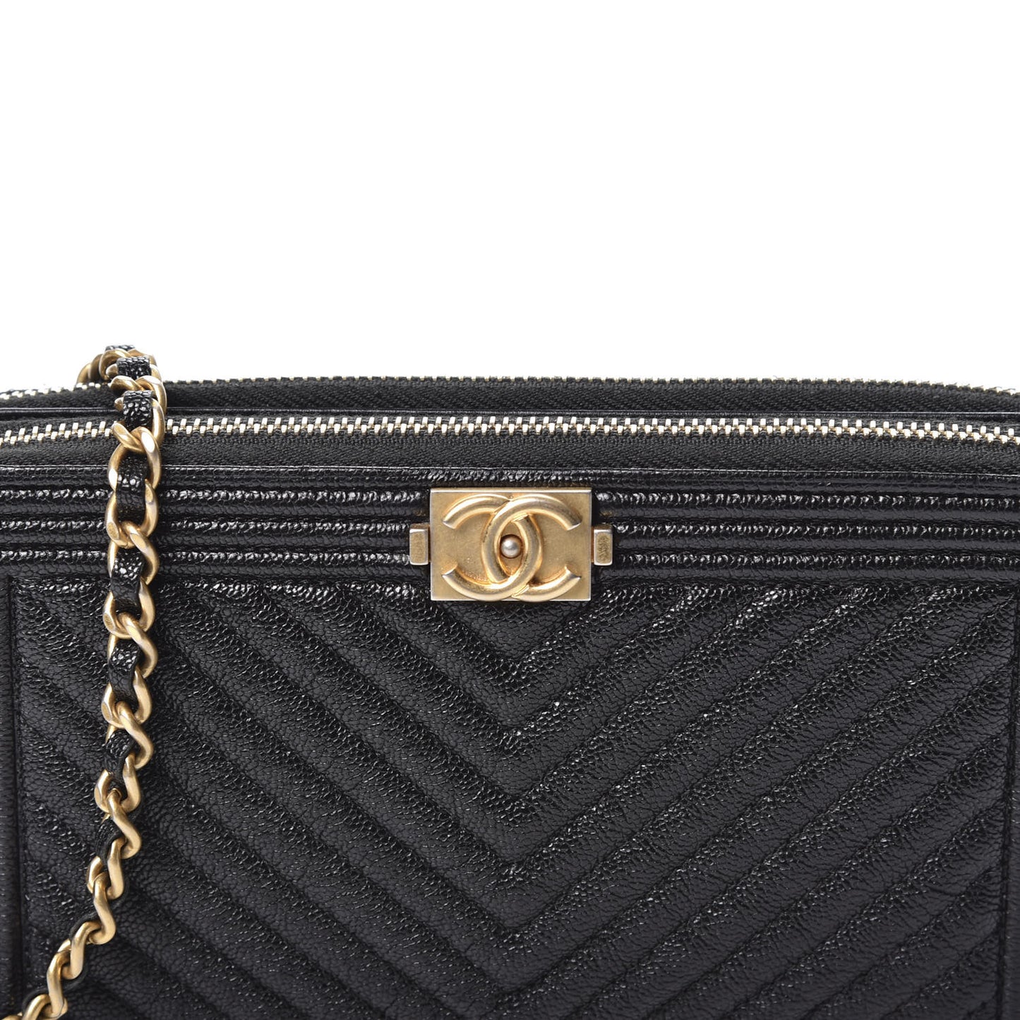 Caviar Chevron Small Boy Clutch With Chain Black