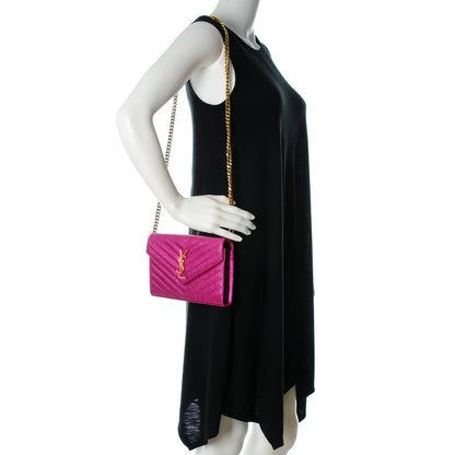 Saint Laurent Metallic Crackled Calfskin Matelasse Chevron Monogram Chain Wallet Pink 2 of 7