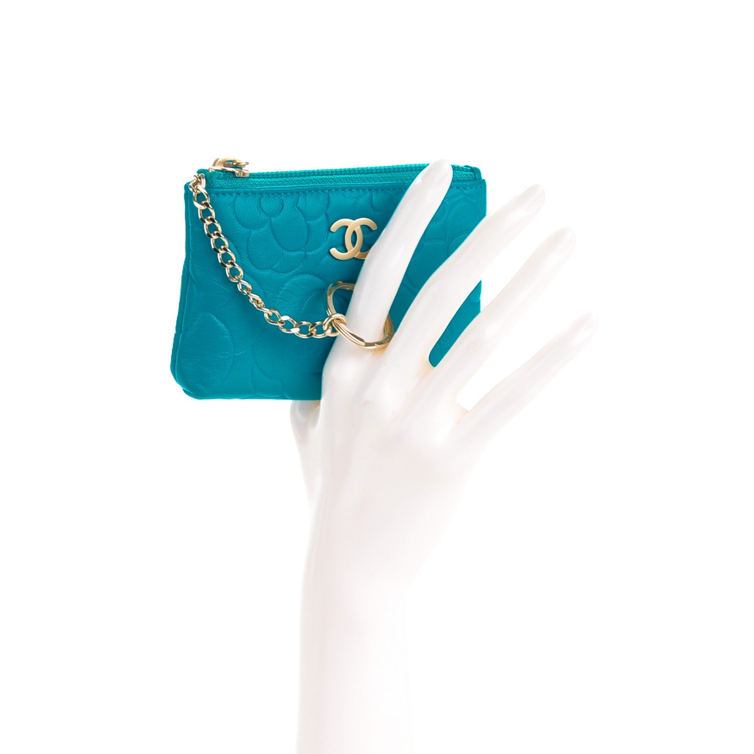 Chanel Lambskin Camellia Embossed Key Holder Case Turquoise 2 of 7