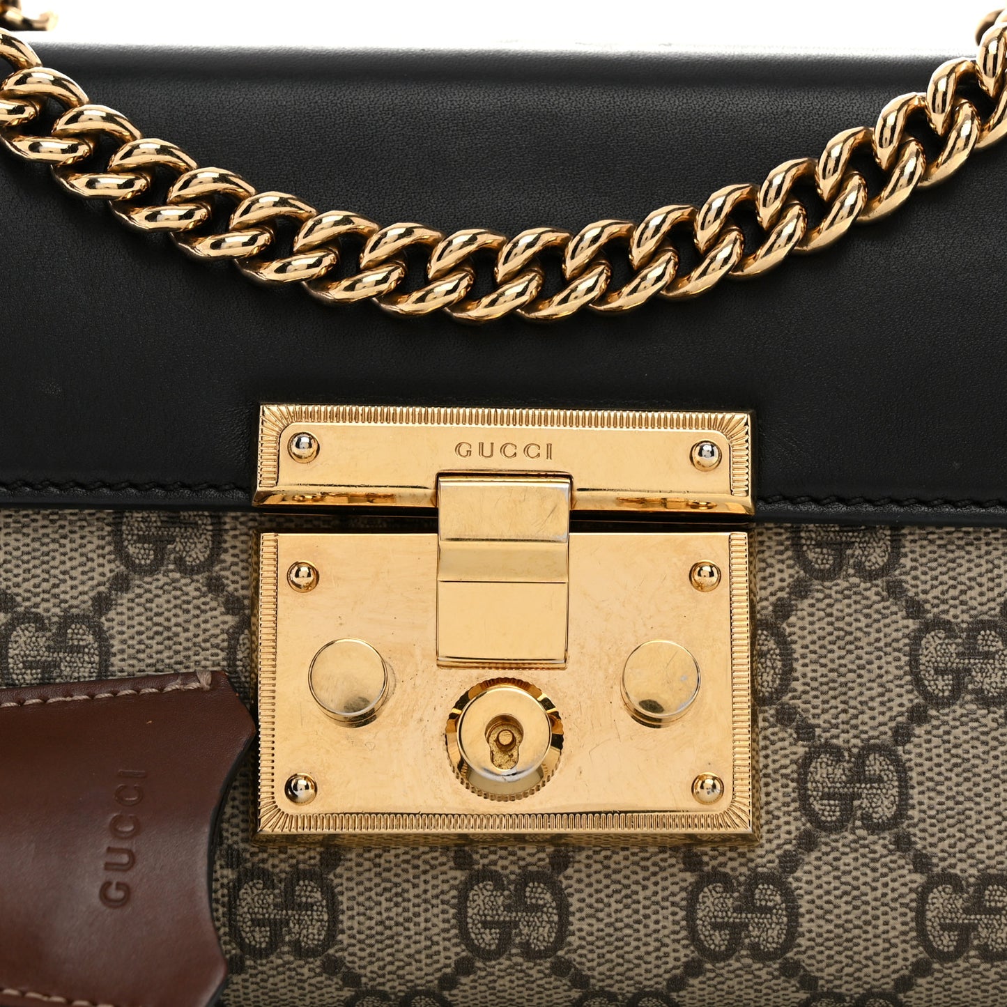 GG Supreme Monogram Calfskin Small Padlock Shoulder Bag Beige Black Cuir