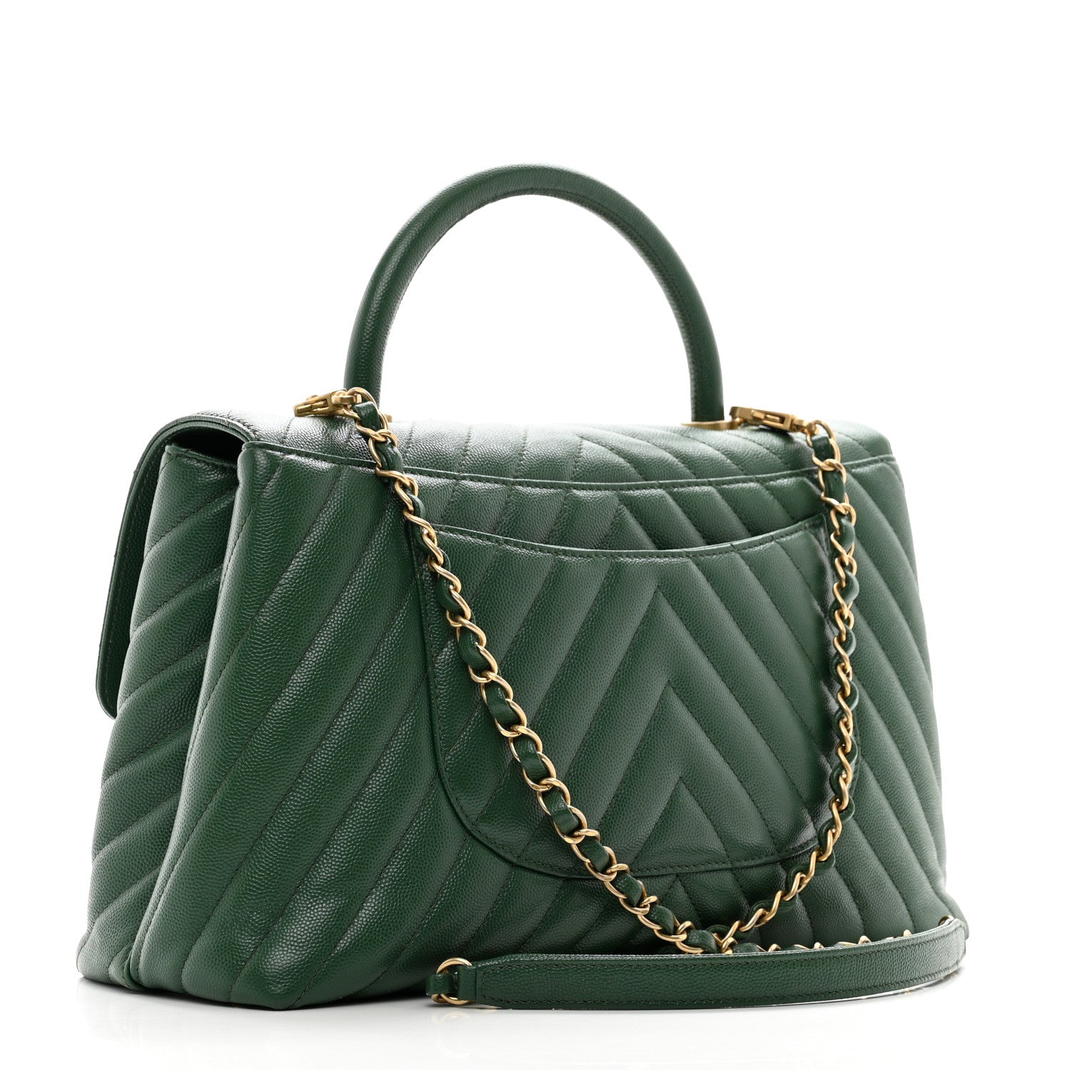 Chanel Caviar Chevron Quilted Medium Coco Handle Flap Green 3 of 12