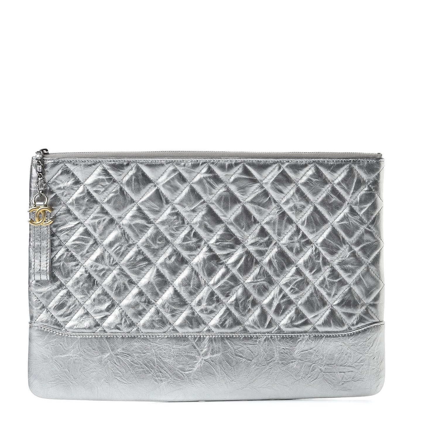 Metallic Aged Calfskin Quilted Large Gabrielle Cosmetic Case Silver