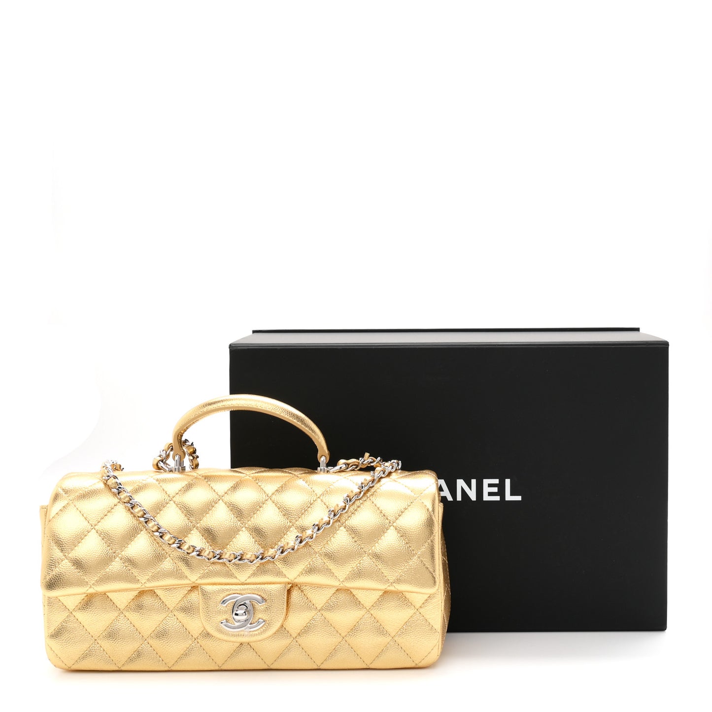 Metallic Caviar Quilted Top Handle East West Flap Gold
