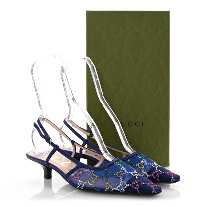 Gucci Tela Retino Nappa Charlotte Crystal GG Monogram Square G 35mm Slingback Pumps 39 Splash Net Blue Witch 9 of 9