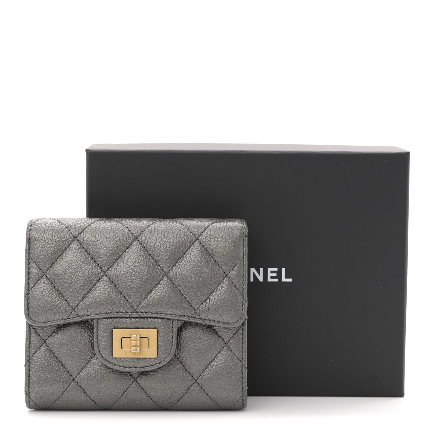 Metallic Calfskin Quilted Reissue Flap Card Holder Wallet Dark Grey