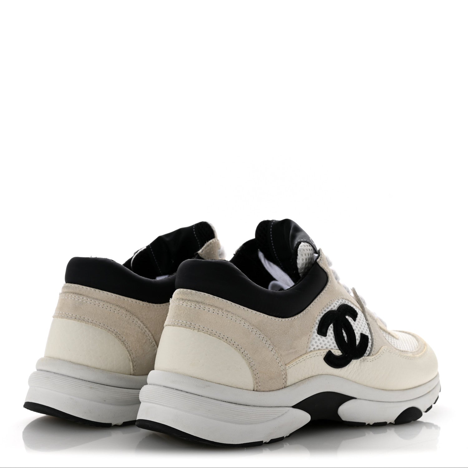 Chanel Mesh Suede Calfskin Grained Calfskin Womens CC Sneakers 38.5 White Black 5 of 10