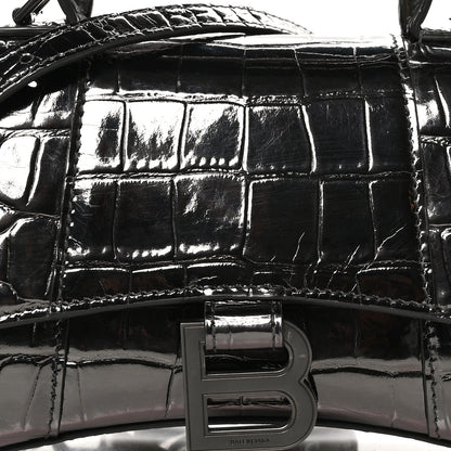 Balenciaga Metallic Shiny Calfskin Crocodile Embossed Hourglass Top Handle Bag XS Gunmetal 8 of 10