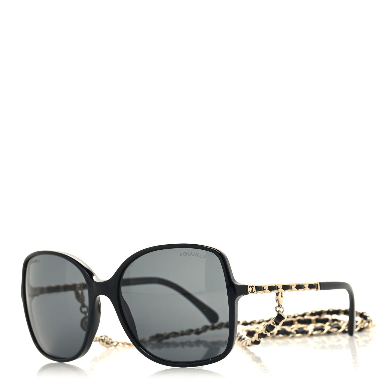 Chanel Acetate Metal Calfskin Square Chain Sunglasses 5210-Q Black Gray 1 of 8