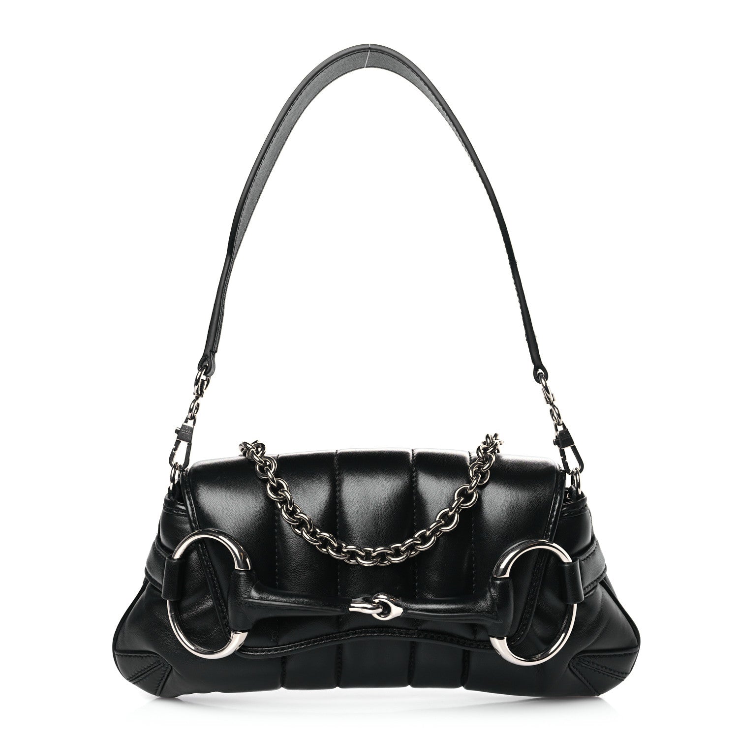 image of GUCCI Calfskin Horsebit Chain Small Shoulder Bag in the color Black by FASHIONPHILE