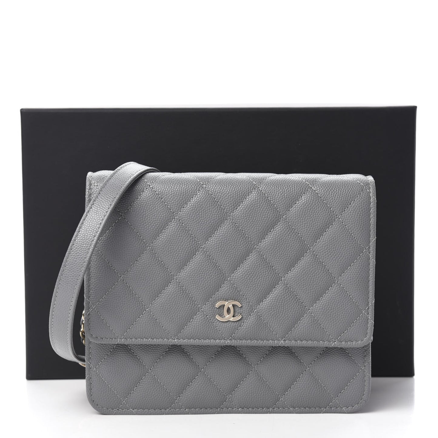Caviar Quilted Square Wallet On Chain WOC Grey