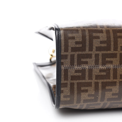 Fendi Glazed Fabric Vitello Century Plexiglass FF 1974 Stamp Patch Medium Runaway Shopper Tote Mogano Panna Black 8 of 10
