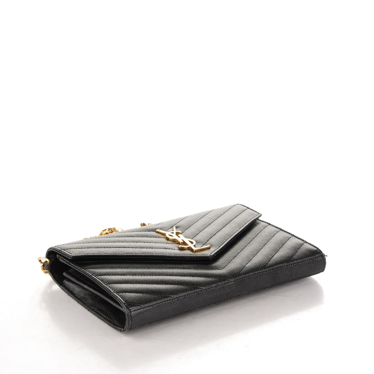 Saint Laurent Grain De Poudre Matelasse Chevron Monogram Chain Wallet Black 4 of 7