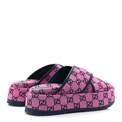 Gucci Monogram Multicolor Criss Cross Platform Slide Sandals 38 Pink Blue 4 of 9