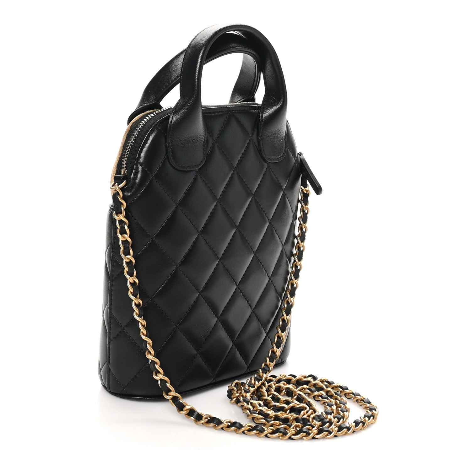 Chanel Suede Shiny Lambskin Quilted Top Handle Clutch With Chain Black Beige 2 of 10