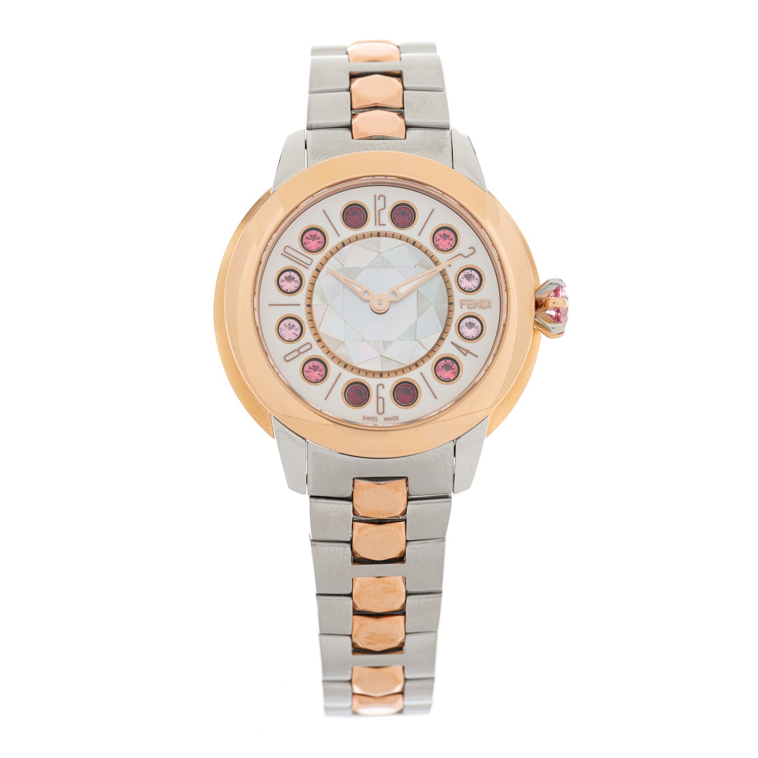 Fendi Stainless Steel Mother of Pearl Topaz Spinel 33mm Ishine Rotating Gem Two Tone Quartz Watch 1 of 6