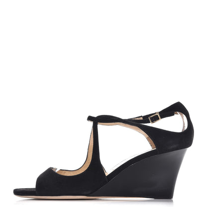 Jimmy Choo Suede Patent Verena Peep Toe Wedge Sandals 38 Black 1 of 9
