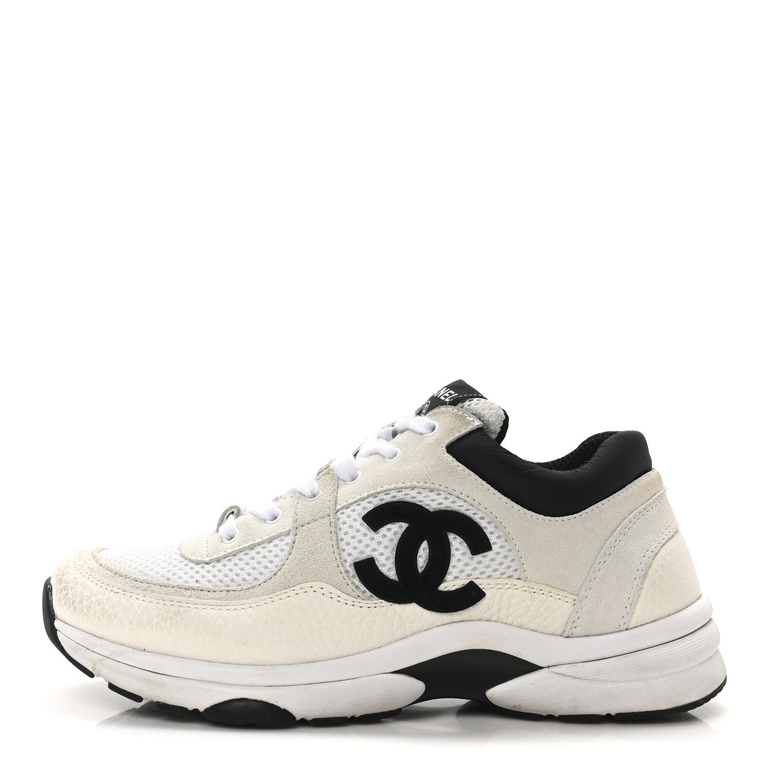 Chanel Mesh Suede Calfskin Grained Calfskin Womens CC Sneakers 39 White Black 1 of 9