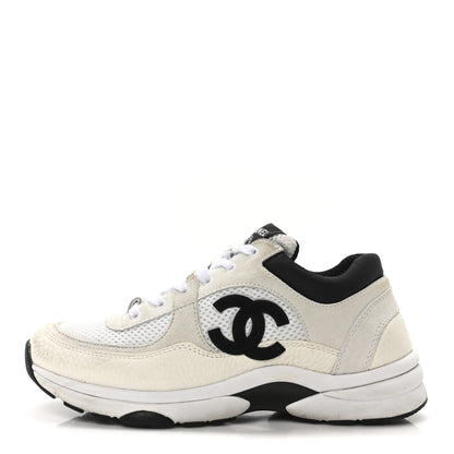 Chanel Mesh Suede Calfskin Grained Calfskin Womens CC Sneakers 39 White Black 1 of 9