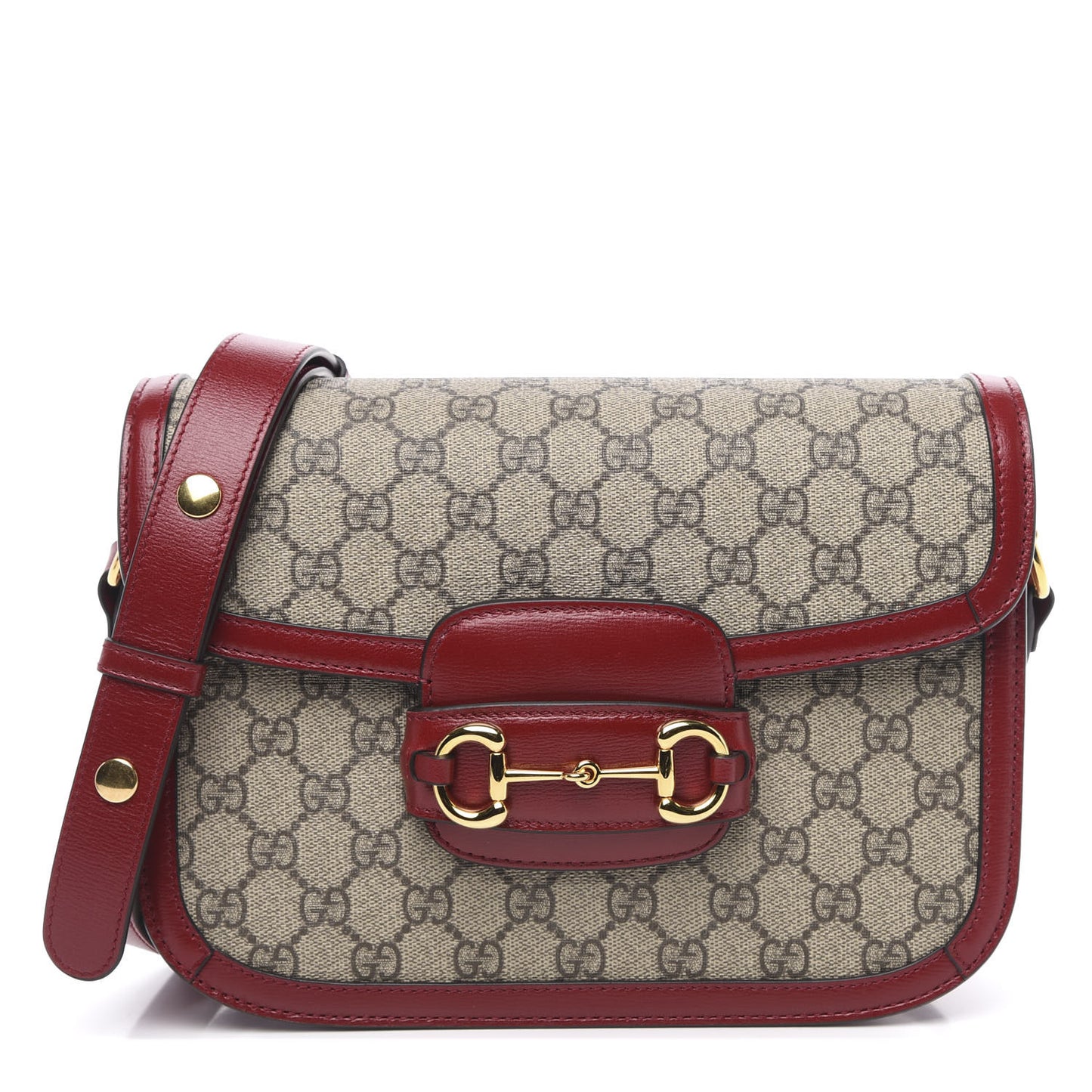 GG Supreme Monogram Azalea Calfskin Horsebit 1955 Shoulder Bag Beige Ebony New Cherry Red