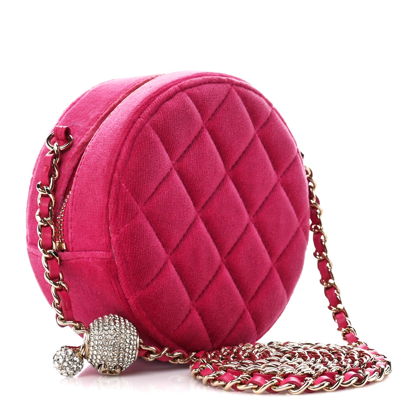 Velvet Round Quilted Pearl Crush Clutch With Chain