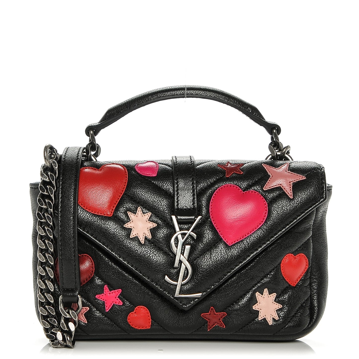 Calfskin Matelasse Chevron Heart Patchwork Monogram College Chain Wallet Black