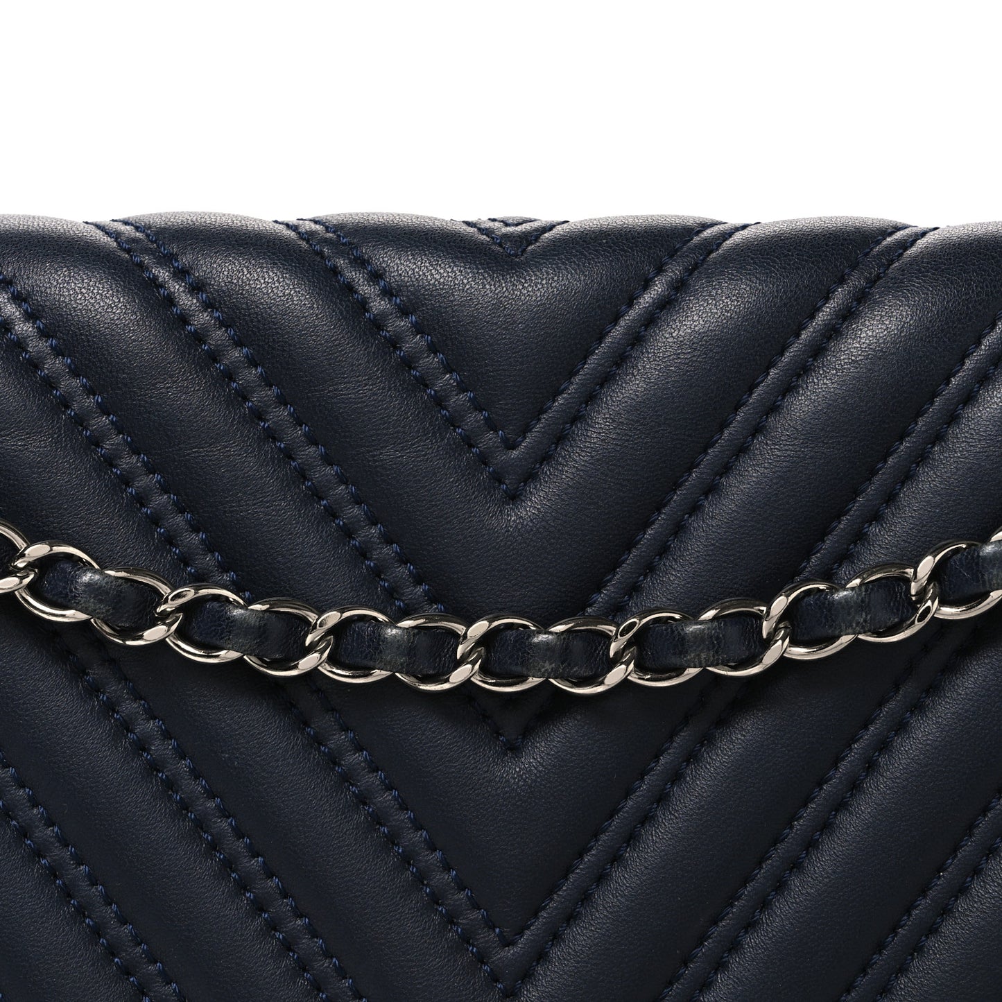 Lambskin Chevron Quilted Double Stitch Jumbo Single Flap Navy