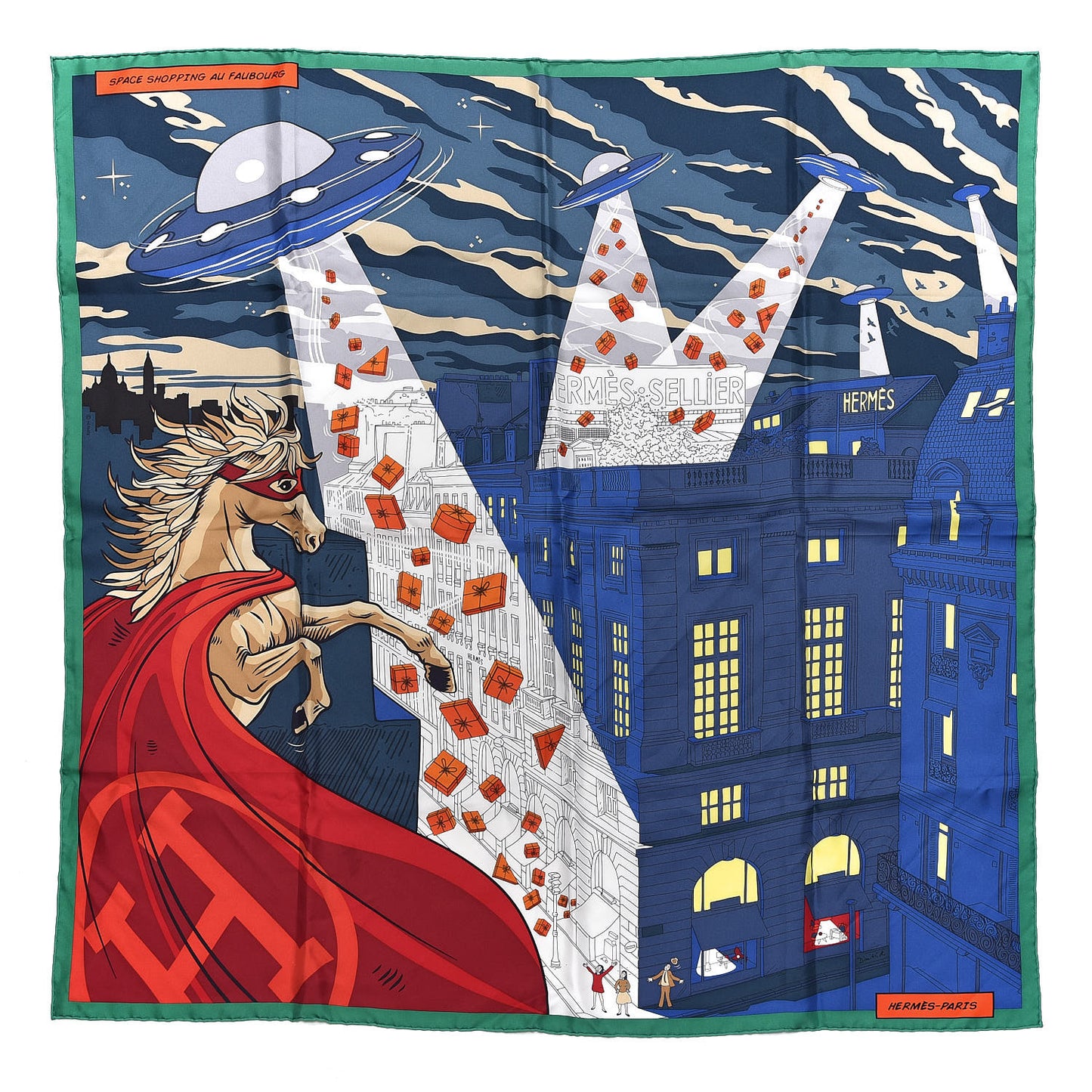 Silk Space Shopping Au Faubourg Scarf 90 Bleu Vert Rouge